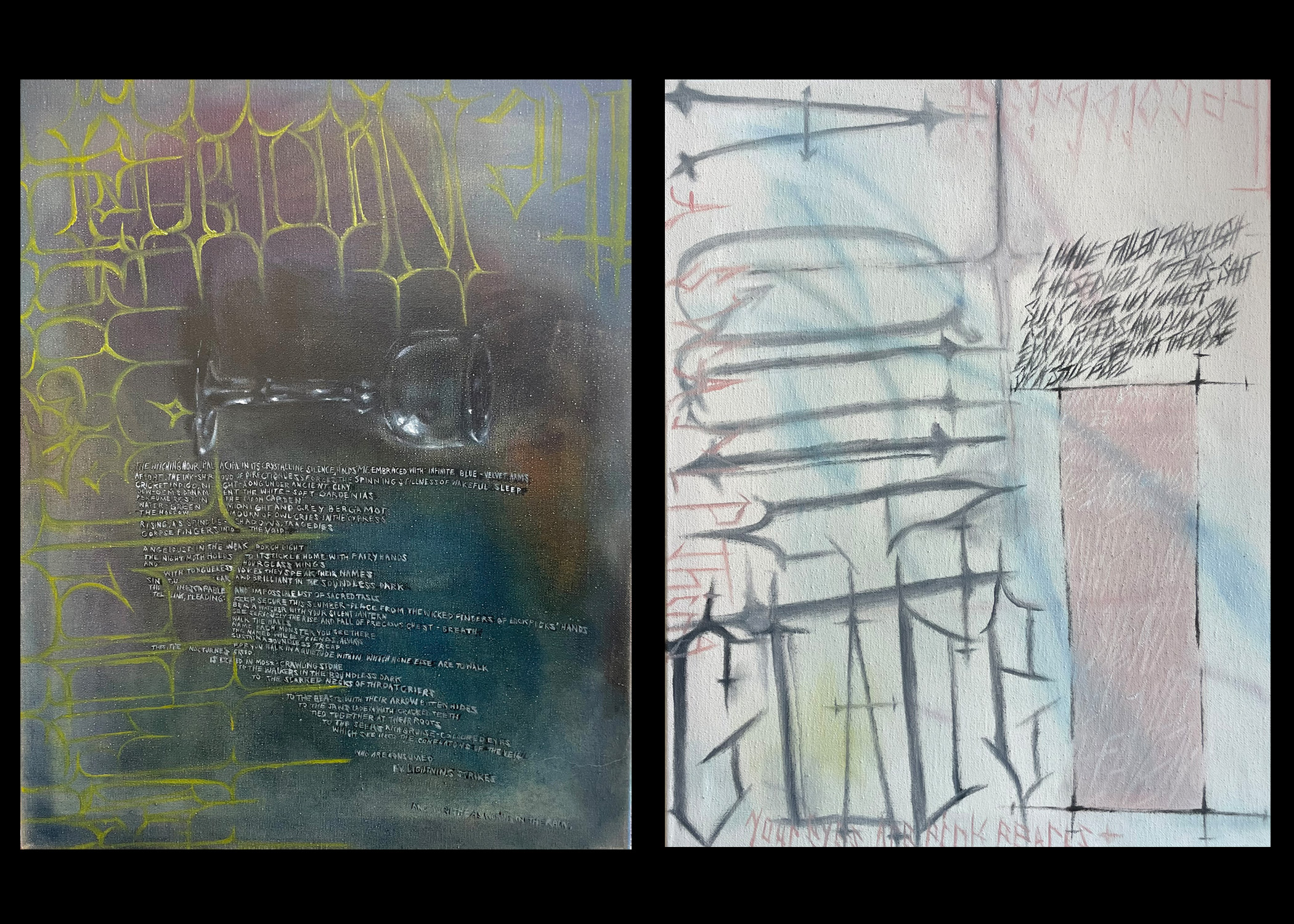 A painting in dark jewel tones with a dark purple glaze, comprised of decorative text, poetry, and the image of a glass (left) and A painting in pastel colors comprised of decorative text and poetry (right).